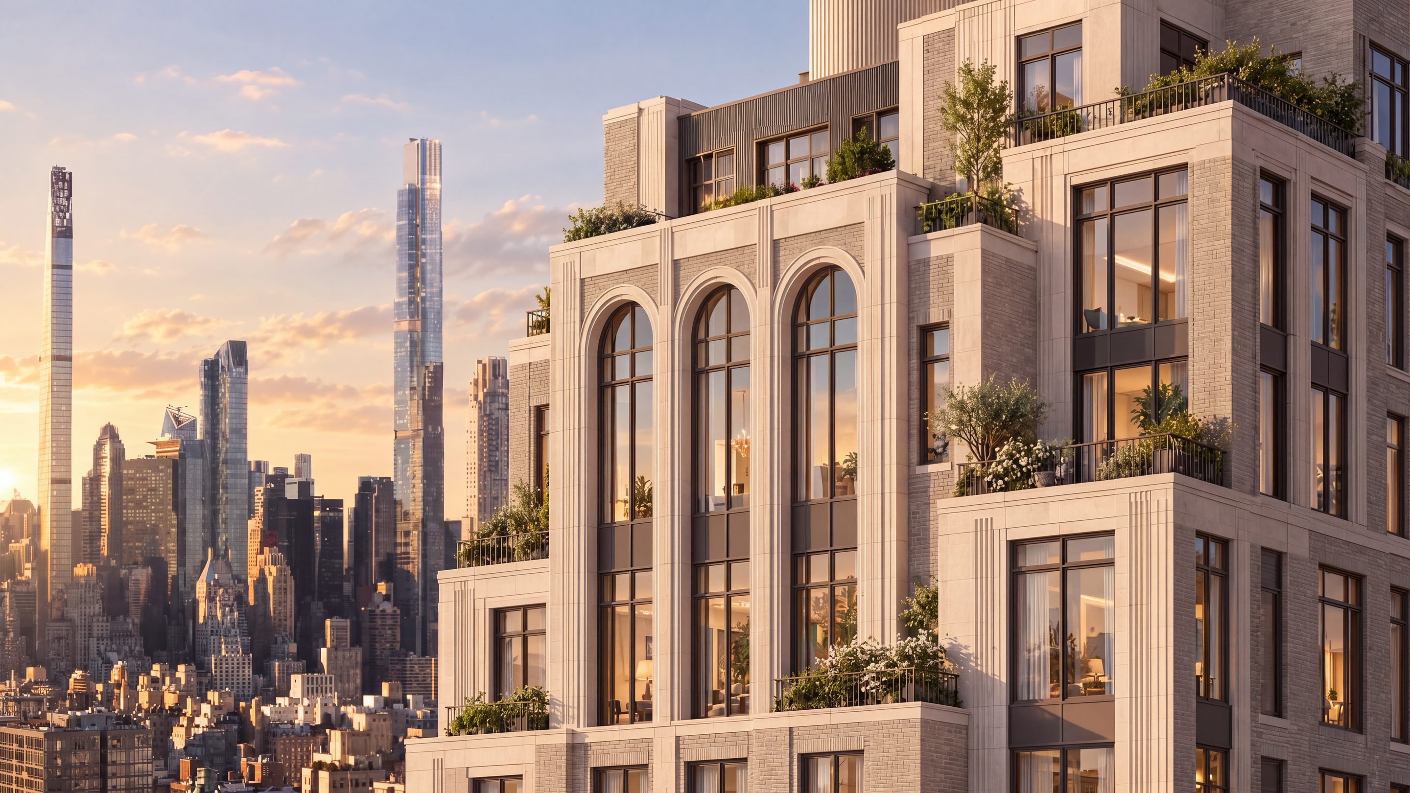 A limestone tower with tall arched windows above the Manhattan skyline at sunset