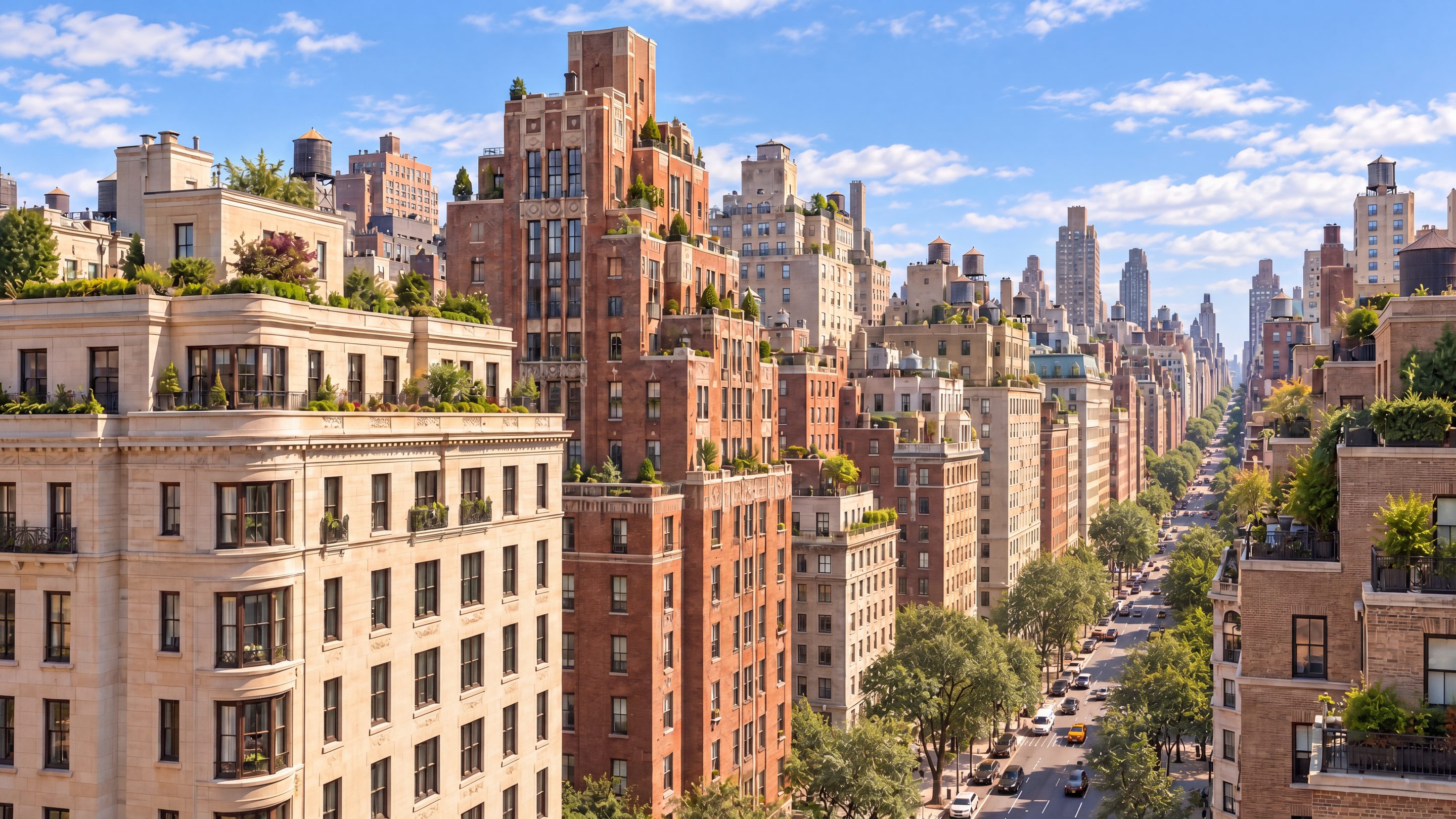 Prewar limestone and brick towers with roof gardens along a tree-lined avenue