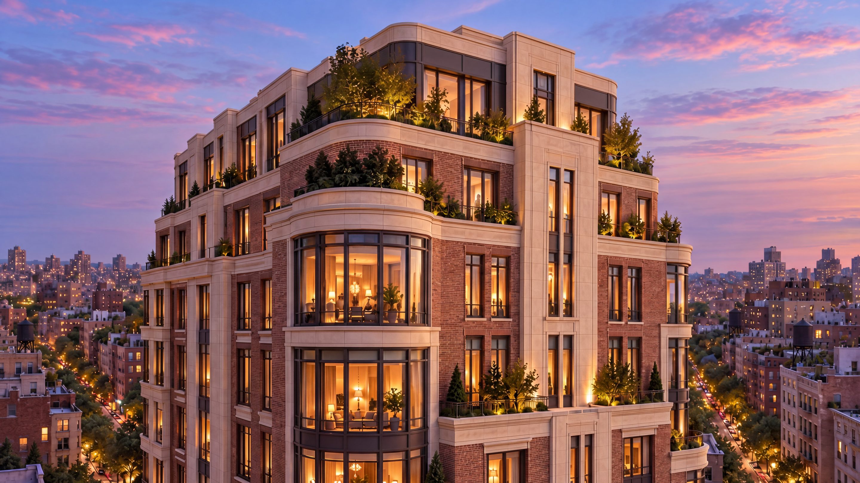 A brick and limestone tower with curved bay windows and lit terraces at dusk